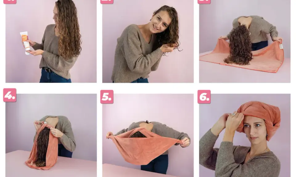 Étapes pour un séchage parfait des cheveux bouclés : application de produit, scrunching, puis pliage de la serviette pour un séchage doux.