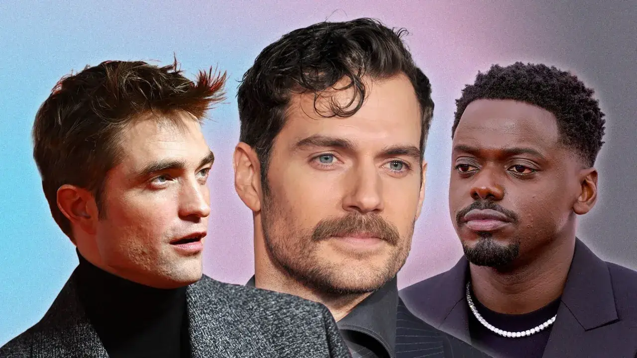 Trois hommes célèbres affichant des styles de coiffure homme variés : Robert Pattinson, Henry Cavill et Daniel Kaluuya.