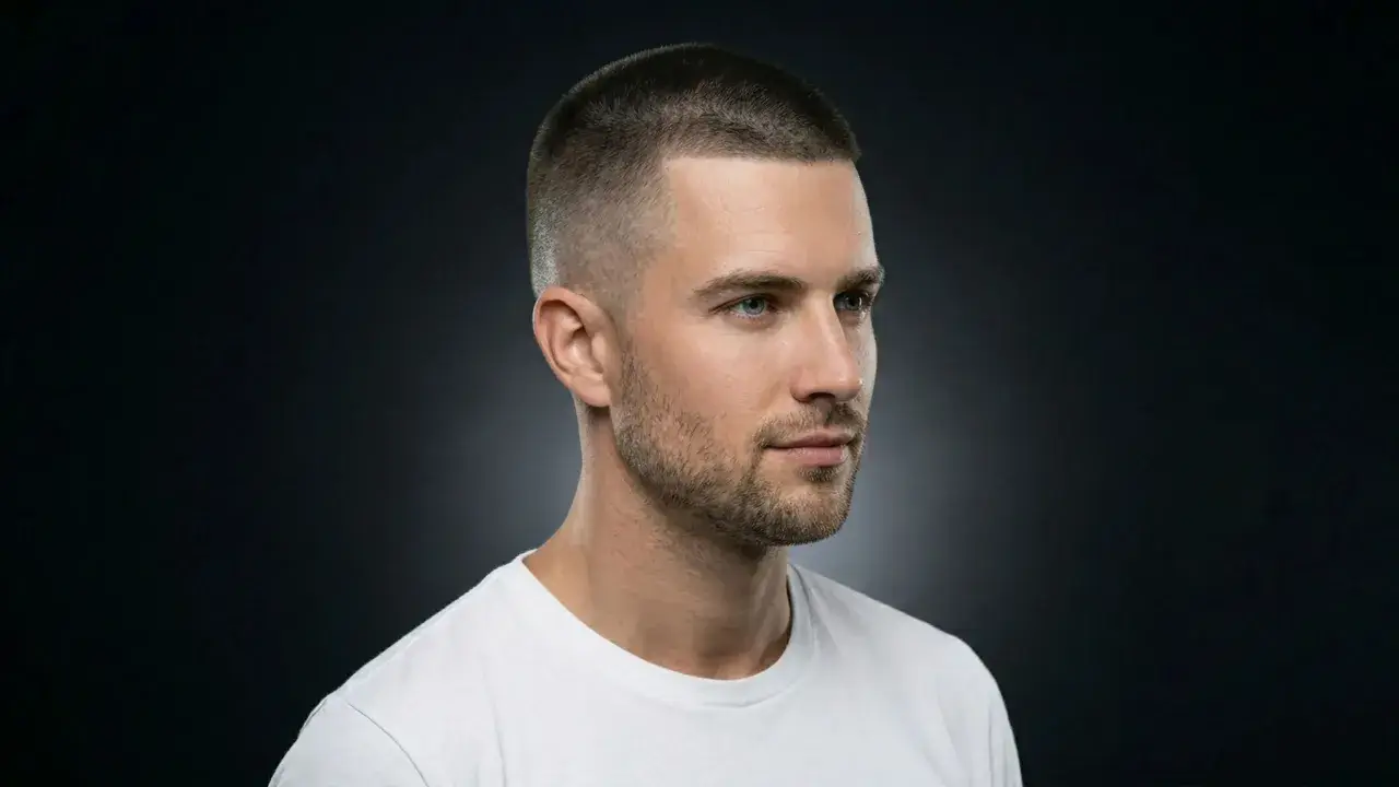 Homme au regard bleu perçant, barbe courte et coupe de cheveux buzz cut impeccable.