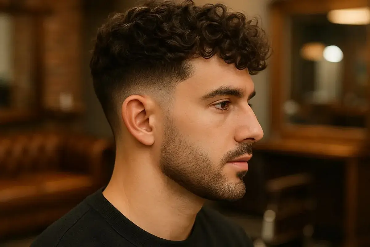 Un homme avec un dégradé et des **cheveux bouclés** sur le dessus, prêt pour une nouvelle journée.