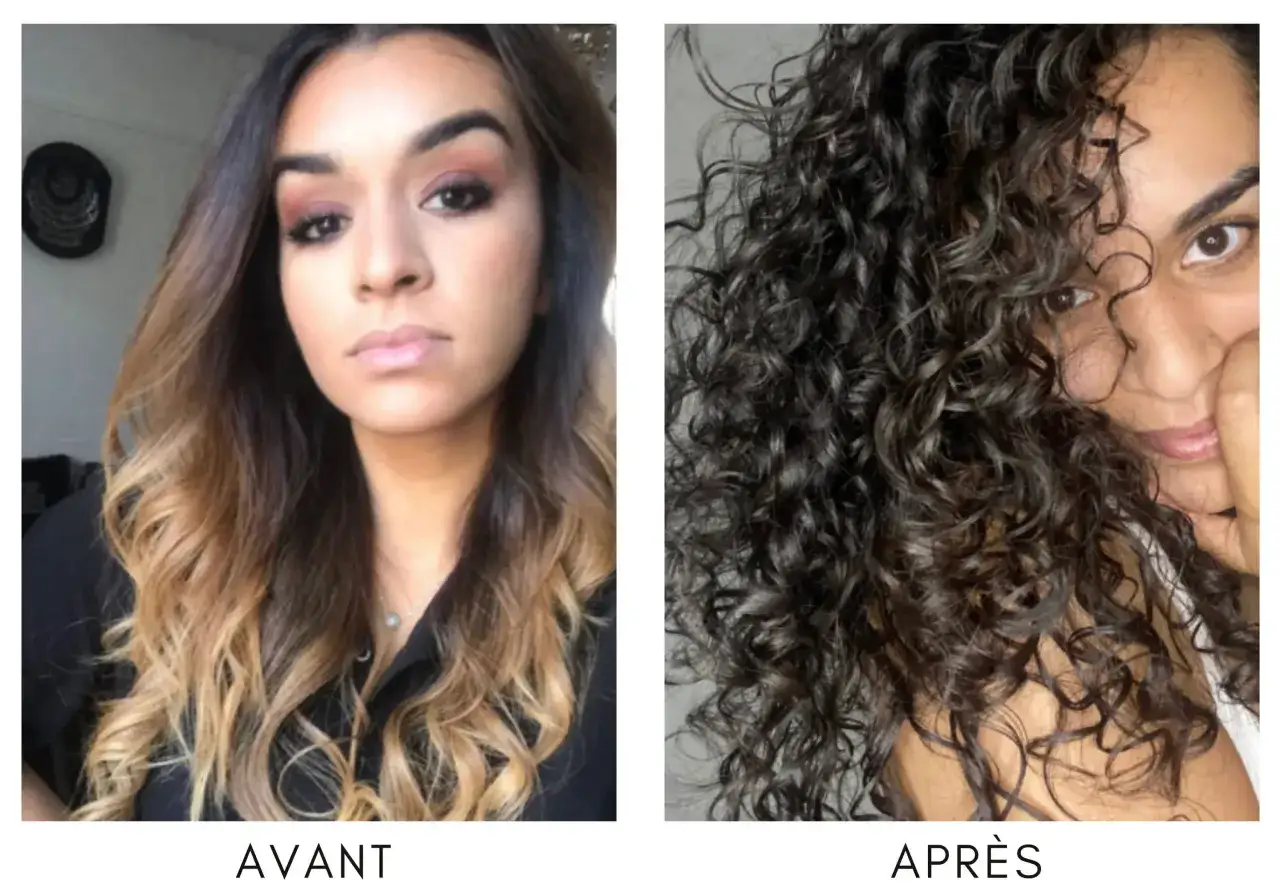 Avant/Après : une transformation capillaire réussie pour des cheveux bouclés magnifiques et définis.