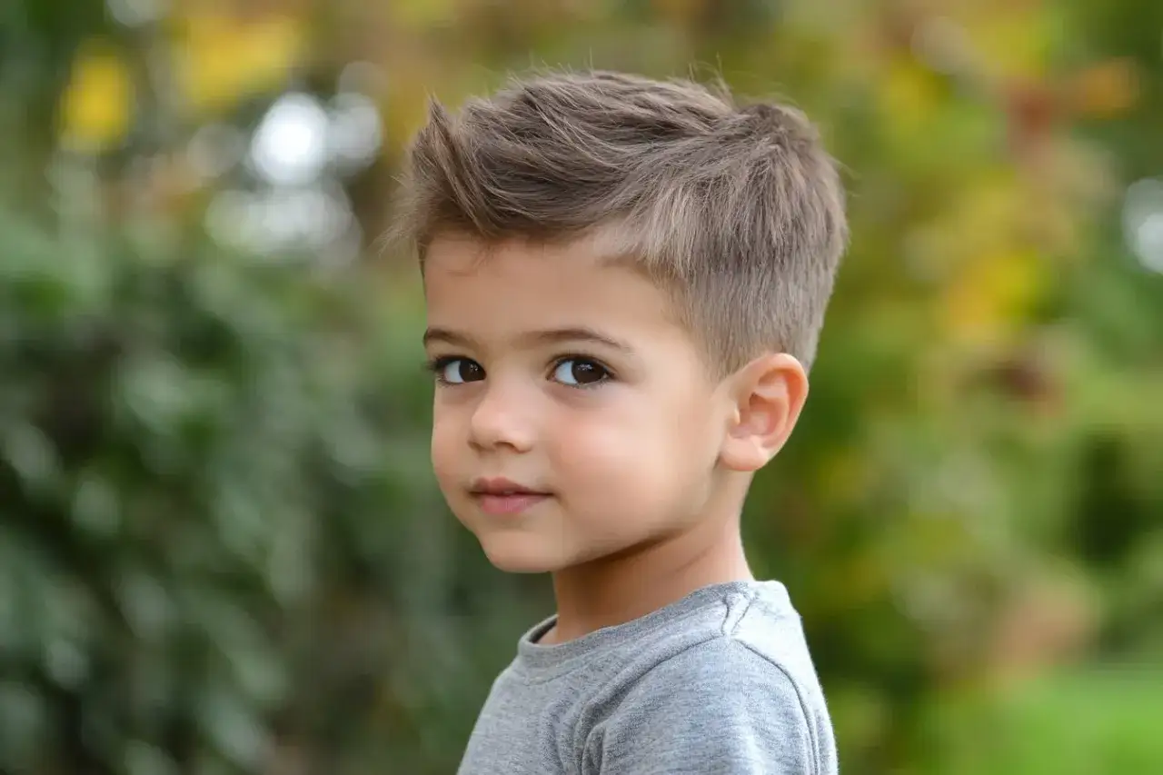 Un adorable petit garçon avec une coupe bébé garçon tendance, regardant avec curiosité.
