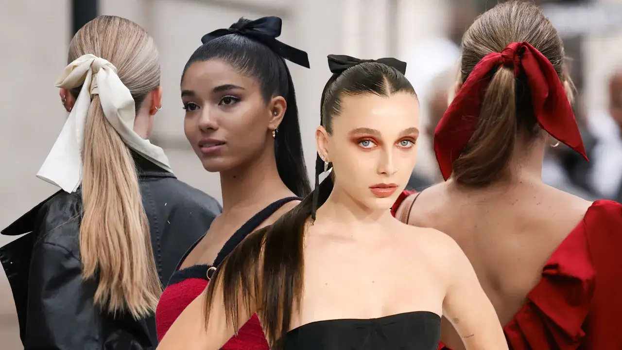 Coiffure avec n&oelig;ud dans les cheveux : des queues de cheval orn&eacute;es de rubans de soie blancs, noirs et rouges, ajoutant une touche d'&eacute;l&eacute;gance.