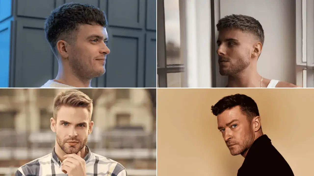 Quatre hommes aux styles vari&eacute;s, tous arborant une coupe homme court moderne et soign&eacute;e.