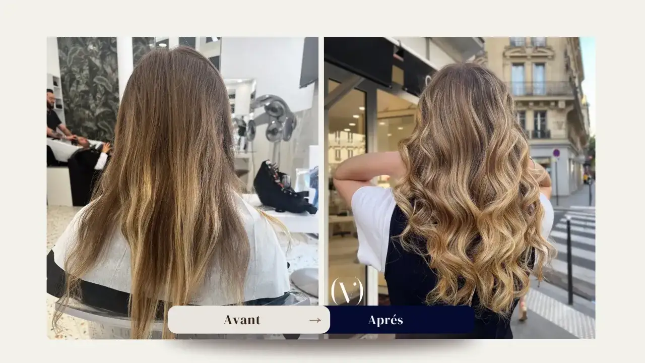 Avant/Apr&egrave;s : transformation d'une chevelure brune avec une coloration blonde subtile, apportant lumi&egrave;re et volume.