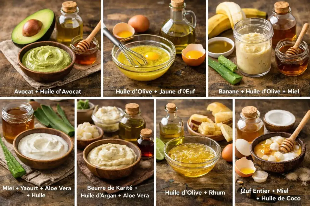 Masque cheveux avocat, miel et huile d'avocat pour des soins naturels.