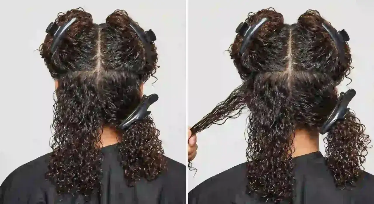 Découvrez comment brosser cheveux bouclés tous les jours pour des boucles définies. Les cheveux sont sectionnés avec des pinces.