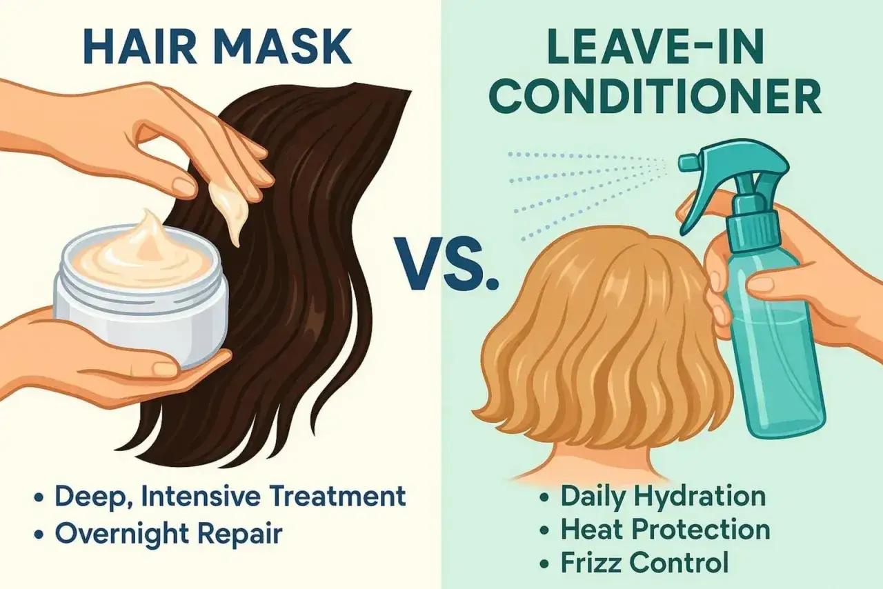 Application d'un masque sur cheveux secs ou humides pour un soin intensif, compar&eacute; &agrave; un spray hydratant quotidien.