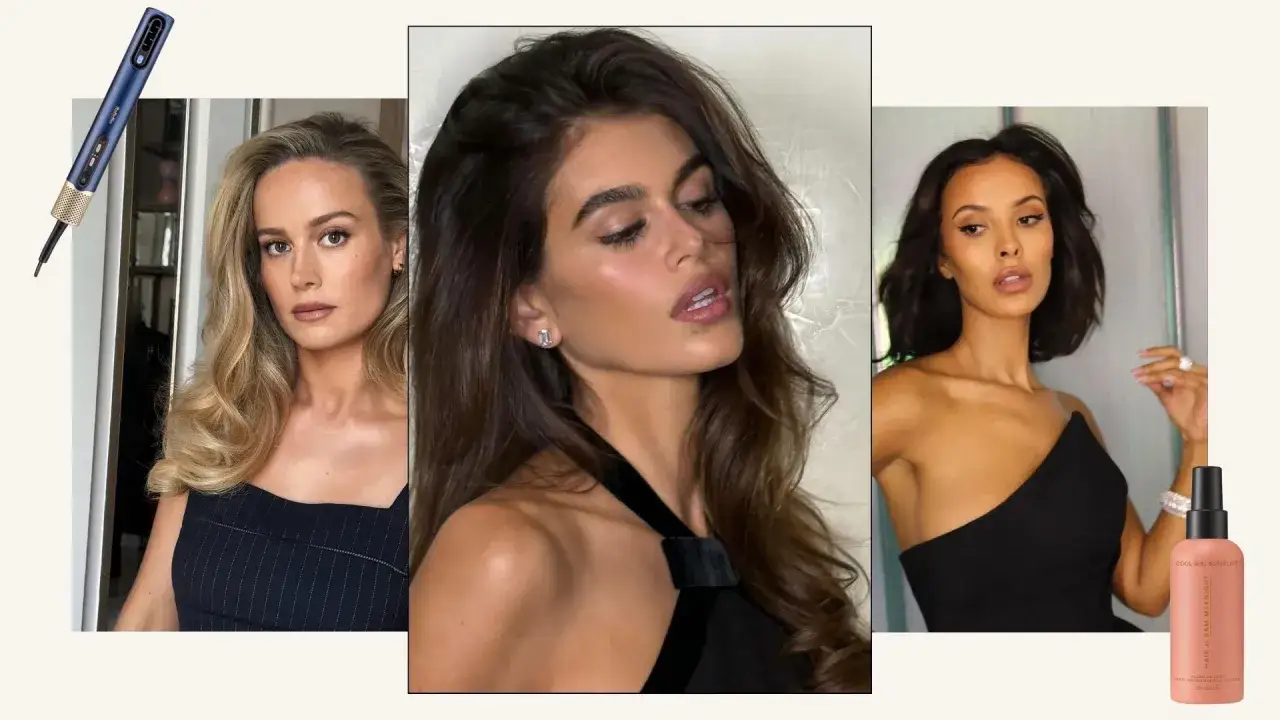 Trois femmes aux coiffures glamour. Un appareil de coiffure et une bouteille de spray sont visibles. Le d&eacute;collement de racine est subtilement sugg&eacute;r&eacute; par le volume des cheveux.