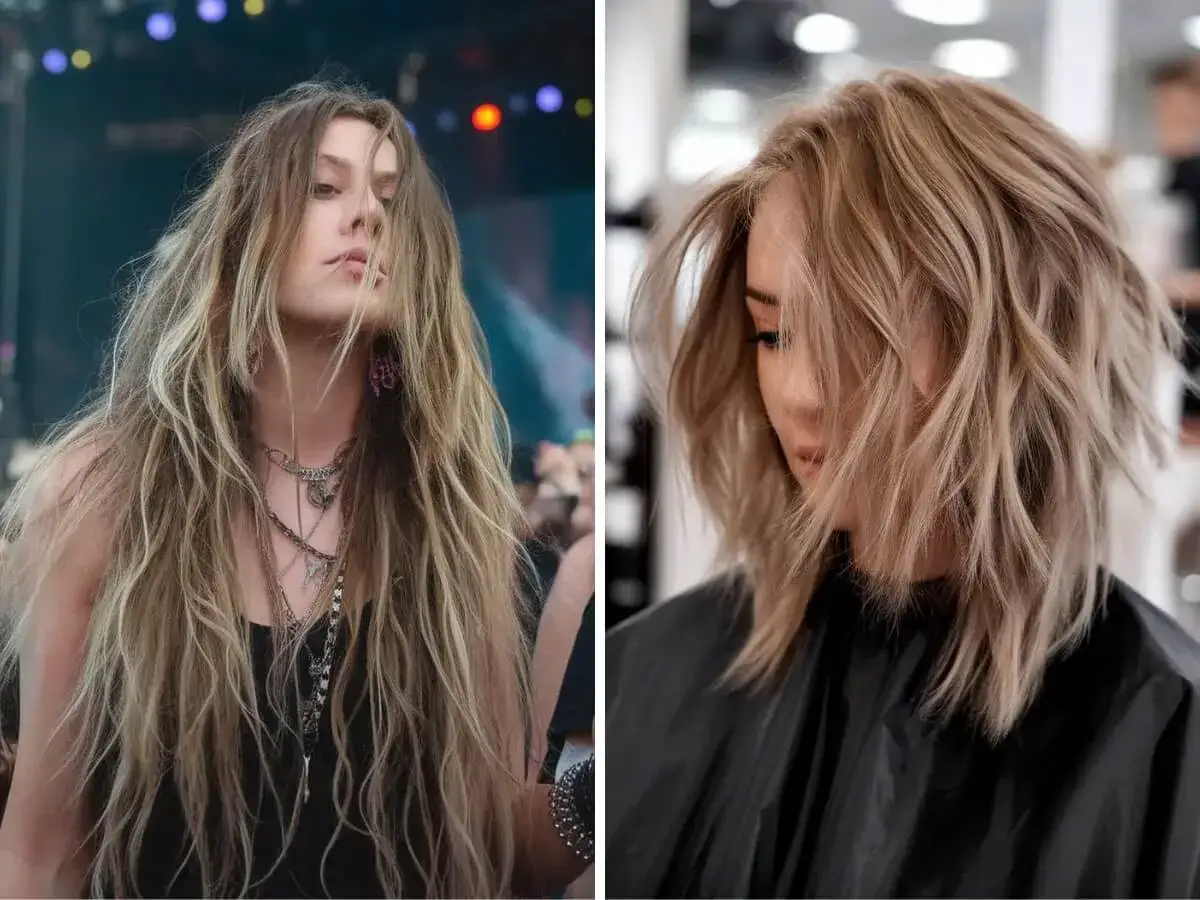 Coiffure rock femme facile : deux looks, une longue chevelure ondul&eacute;e et un carr&eacute; d&eacute;grad&eacute;, pour un style rebelle et tendance.