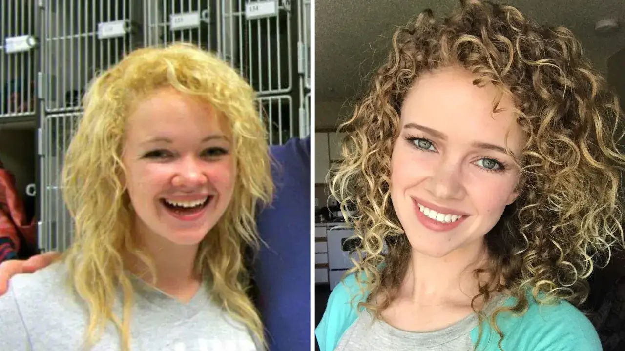 Avant/apr&egrave;s : d&eacute;coloration cheveux boucl&eacute;s. La premi&egrave;re image montre des cheveux blonds d&eacute;color&eacute;s et ondul&eacute;s, la seconde des boucles naturelles et plus fonc&eacute;es.