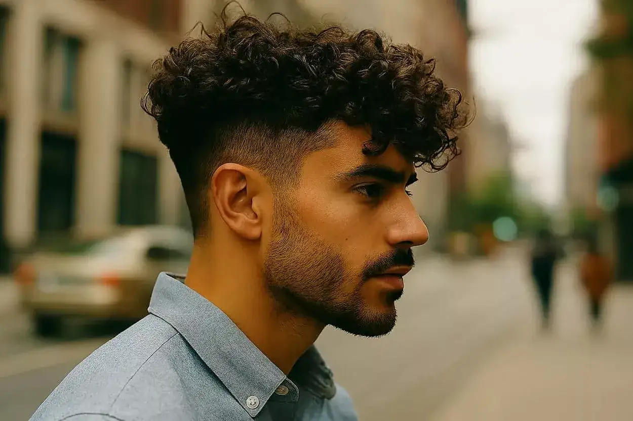 Un homme avec une coupe cheveux boucl&eacute;s homme tendance, d&eacute;grad&eacute; sur les c&ocirc;t&eacute;s, pose dans la rue.