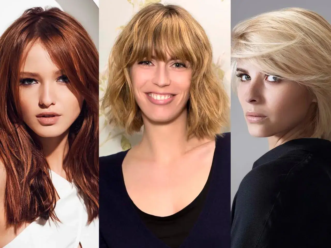 Trois femmes aux teints pâles. La première a des cheveux roux, la deuxième des cheveux blonds cendrés, la troisième des cheveux blonds platine. Idées de couleur cheveux pour peau pale.