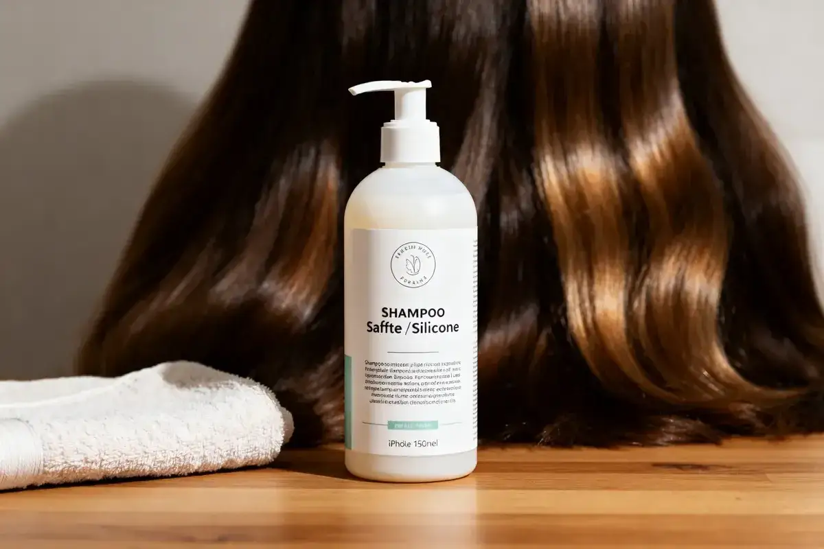 Bouteille de shampooing sans silicone, pos&eacute;e sur une table en bois, devant de longs cheveux bruns et une serviette blanche.