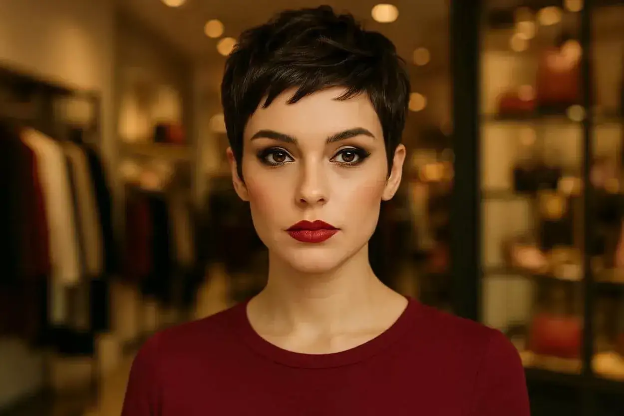 Une femme au regard intense et aux cheveux courts, portant un rouge &agrave; l&egrave;vres audacieux, se tient devant un fond flou de boutique.