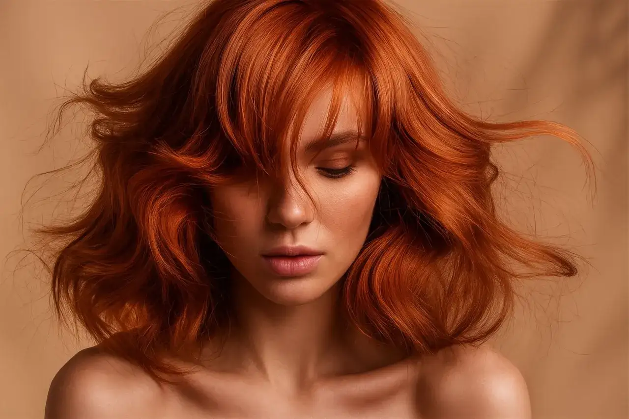 Une femme aux cheveux roux flamboyants, parfaits pour une routine cheveux colorés.