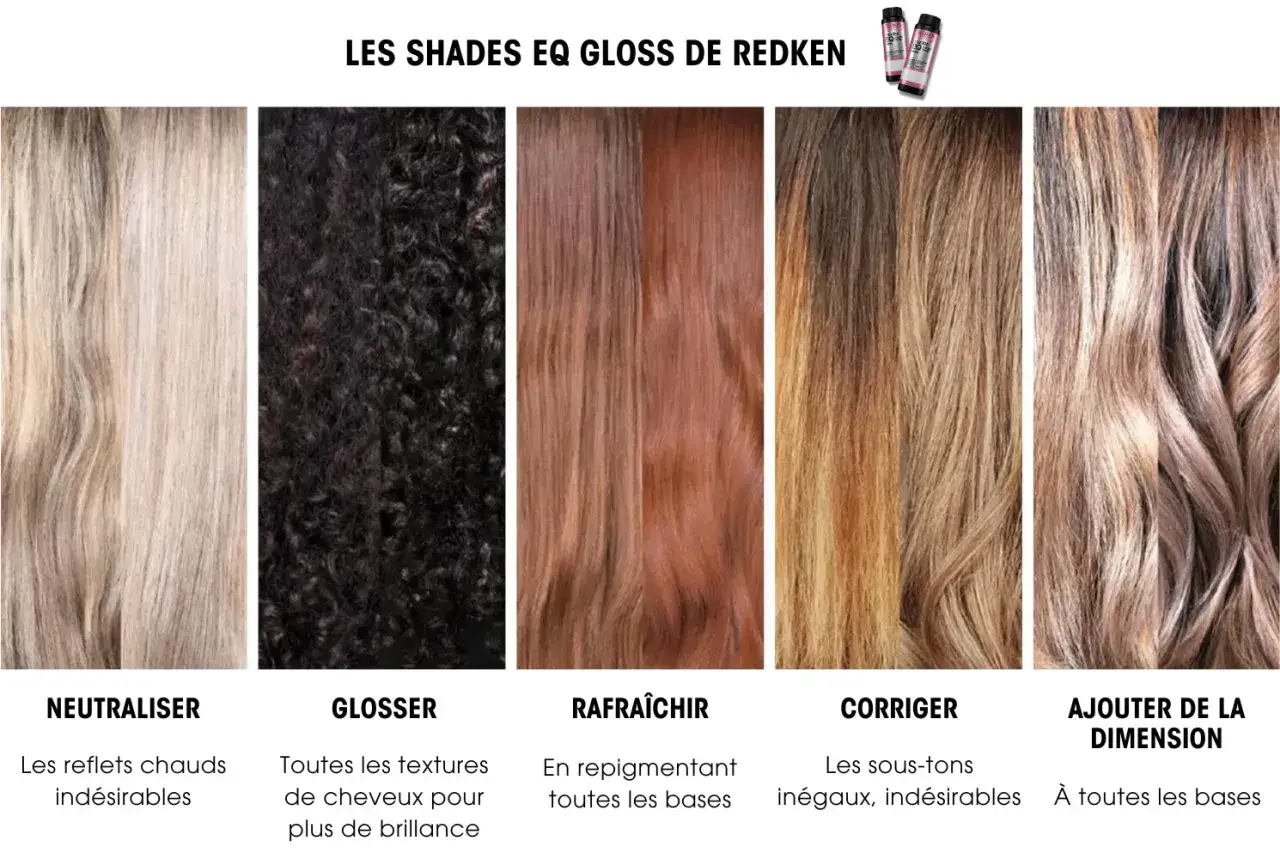 Cinq &eacute;chantillons de diff&eacute;rentes couleurs de cheveux, du blond clair au brun fonc&eacute;, montrant les effets de la coloration Redken Shades EQ Gloss.
