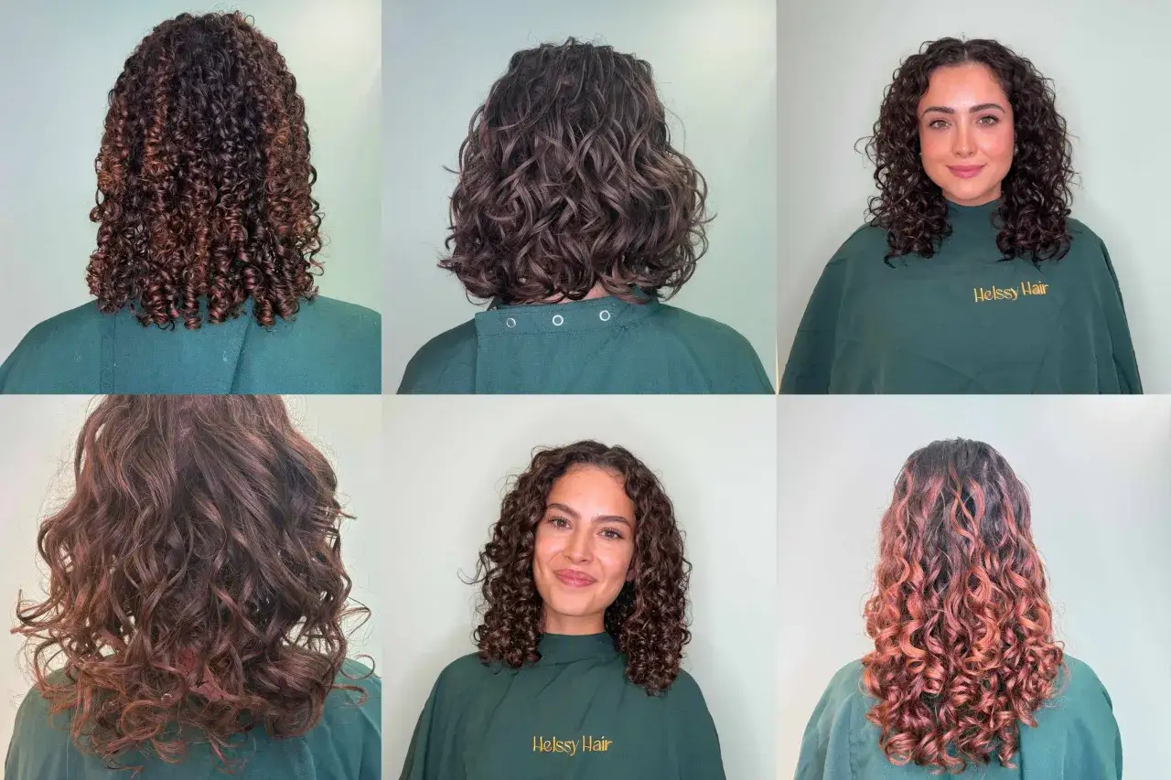Magnifique coupe boucles, avant et apr&egrave;s, montrant la transformation des cheveux. La cliente arbore un sourire radieux avec ses nouvelles boucles d&eacute;finies.
