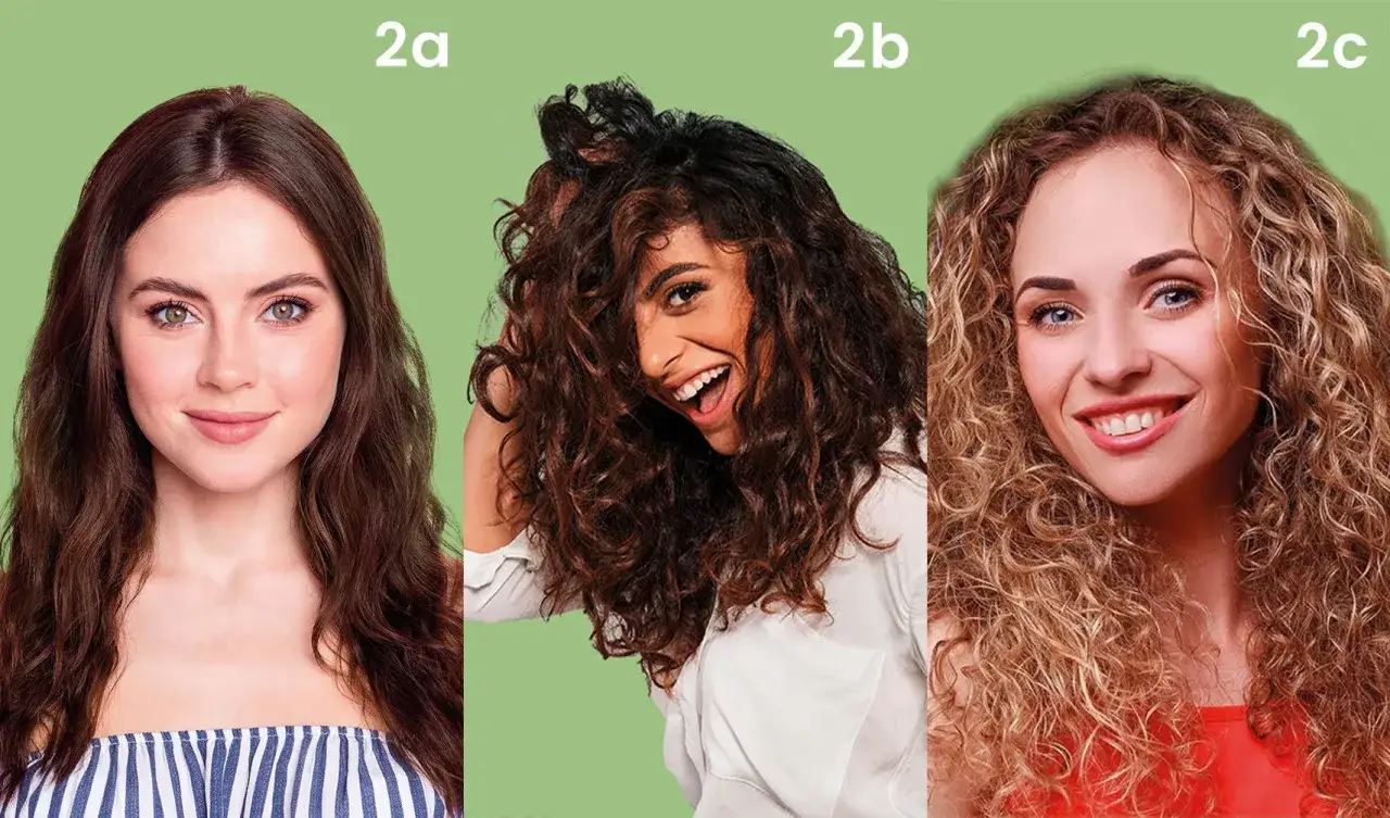 Trois femmes aux cheveux ondulés : 2a (lisses), 2b (bouclés) et 2c (frisés).