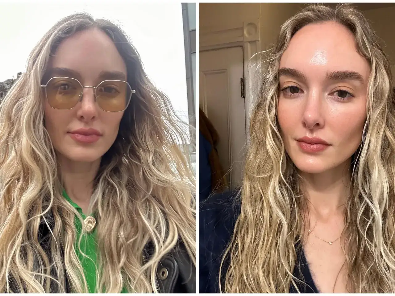 Deux portraits d'une femme aux cheveux ondul&eacute;s ou boucl&eacute;s blonds. Elle porte des lunettes de soleil sur le premier plan.
