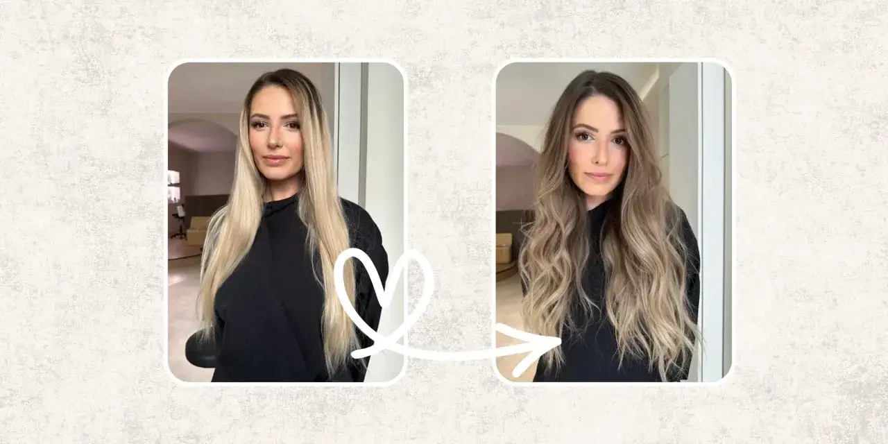 Avant/apr&egrave;s : une transformation capillaire avec un balayage invers&eacute; qui apporte profondeur et mouvement aux cheveux.