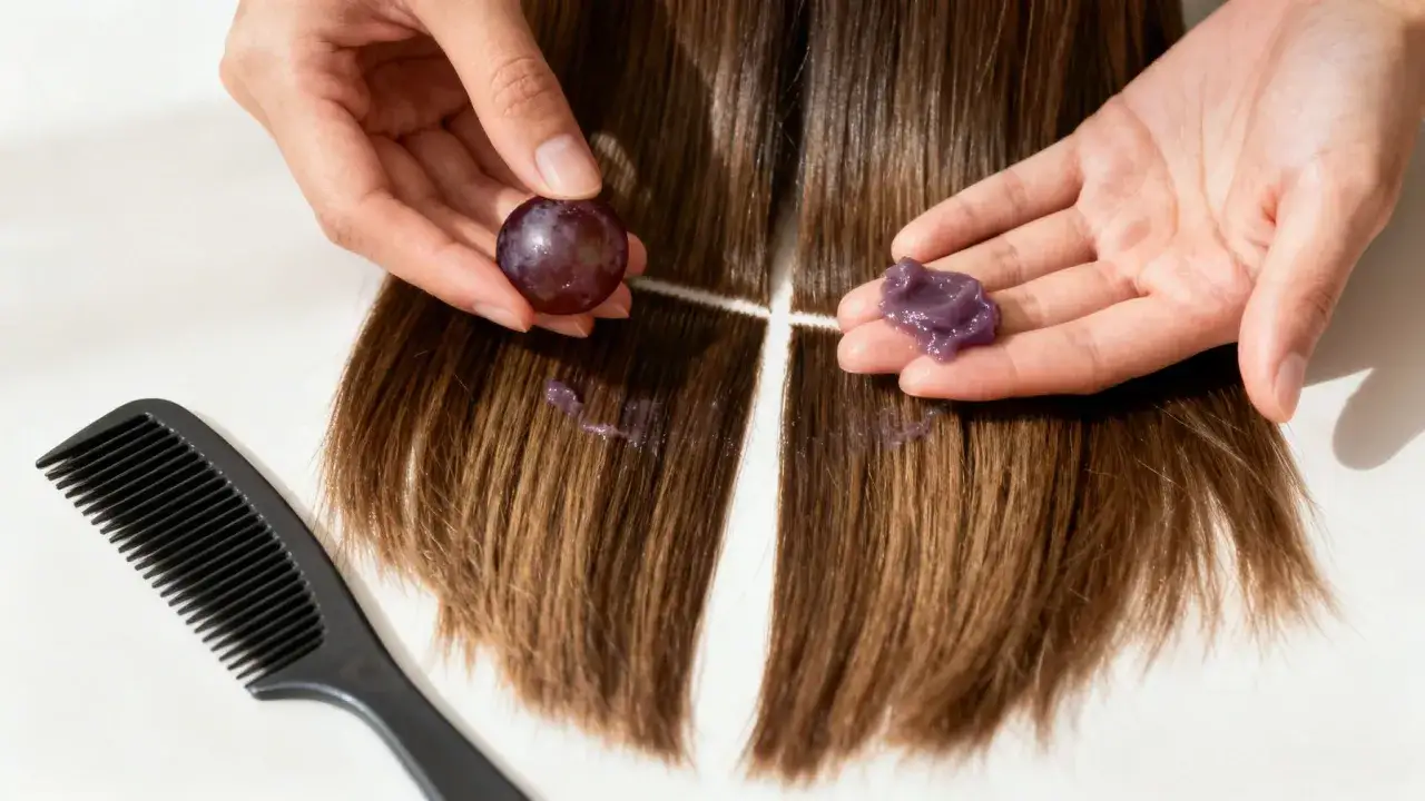 Mains tenant un raisin et une noisette de masque capillaire violet sur des cheveux bruns s&eacute;par&eacute;s. Attention &agrave; ne pas laisser poser un masque cheveux trop longtemps. Peigne noir &agrave; gauche.