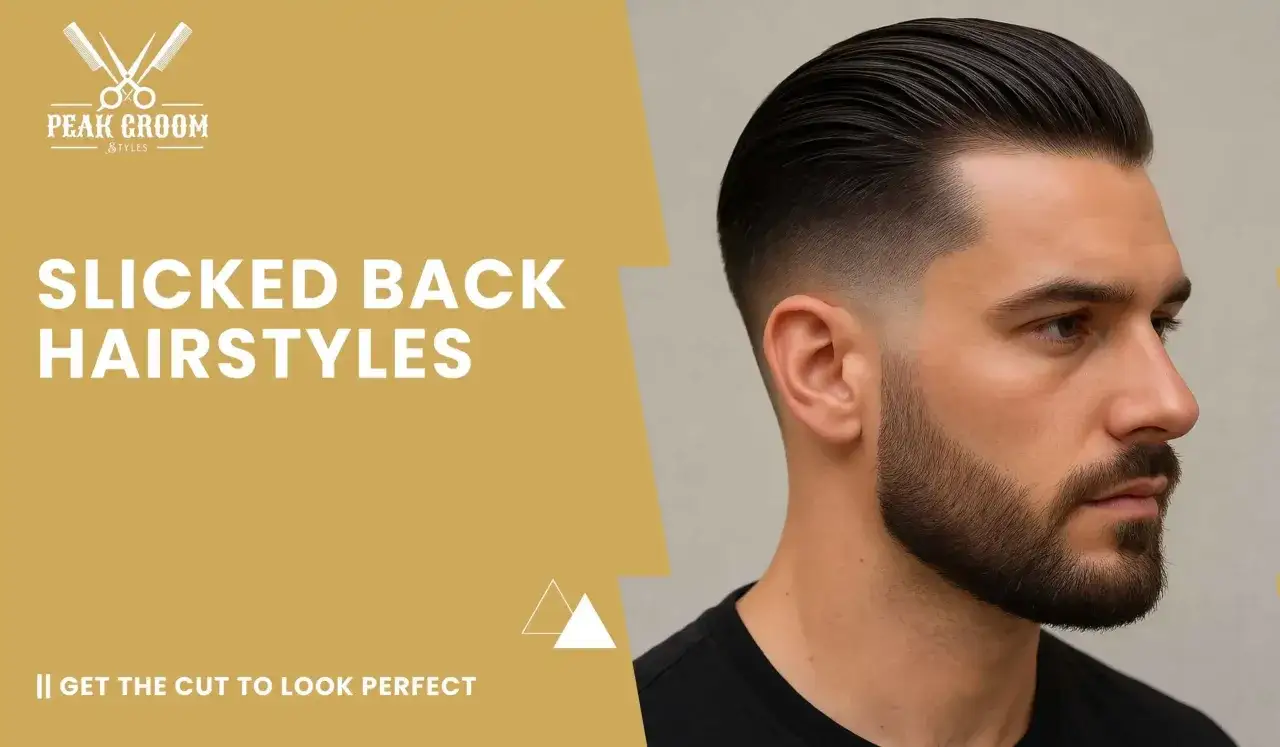 Homme avec des cheveux gominés, une barbe soignée et un dégradé impeccable. Le style est net et moderne.