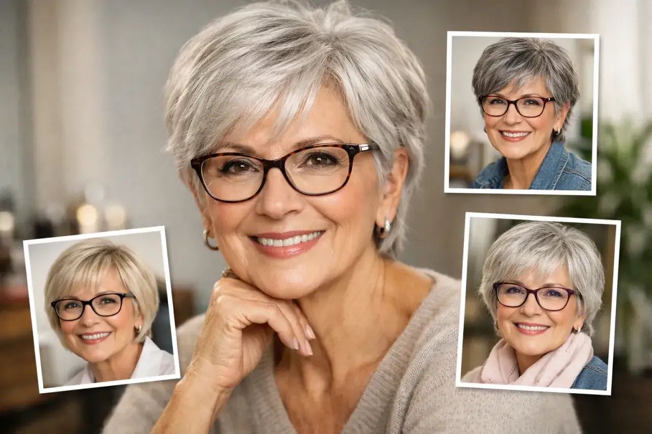 Une femme lunette cheveux court, souriante, avec trois portraits d'elle-m&ecirc;me.