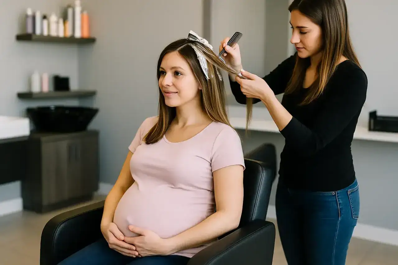 Une femme enceinte profite d'un balayage chez le coiffeur. Elle tient son ventre avec un sourire doux.