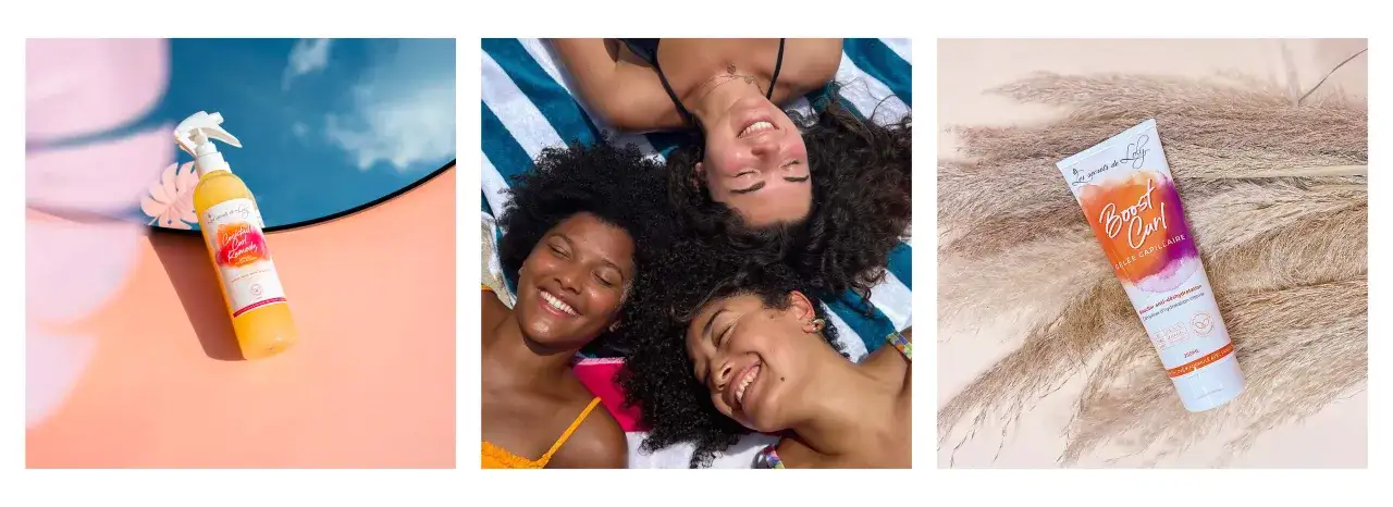 Trois femmes aux cheveux boucl&eacute;s sourient, profitant du soleil. Un spray et une gel&eacute;e 