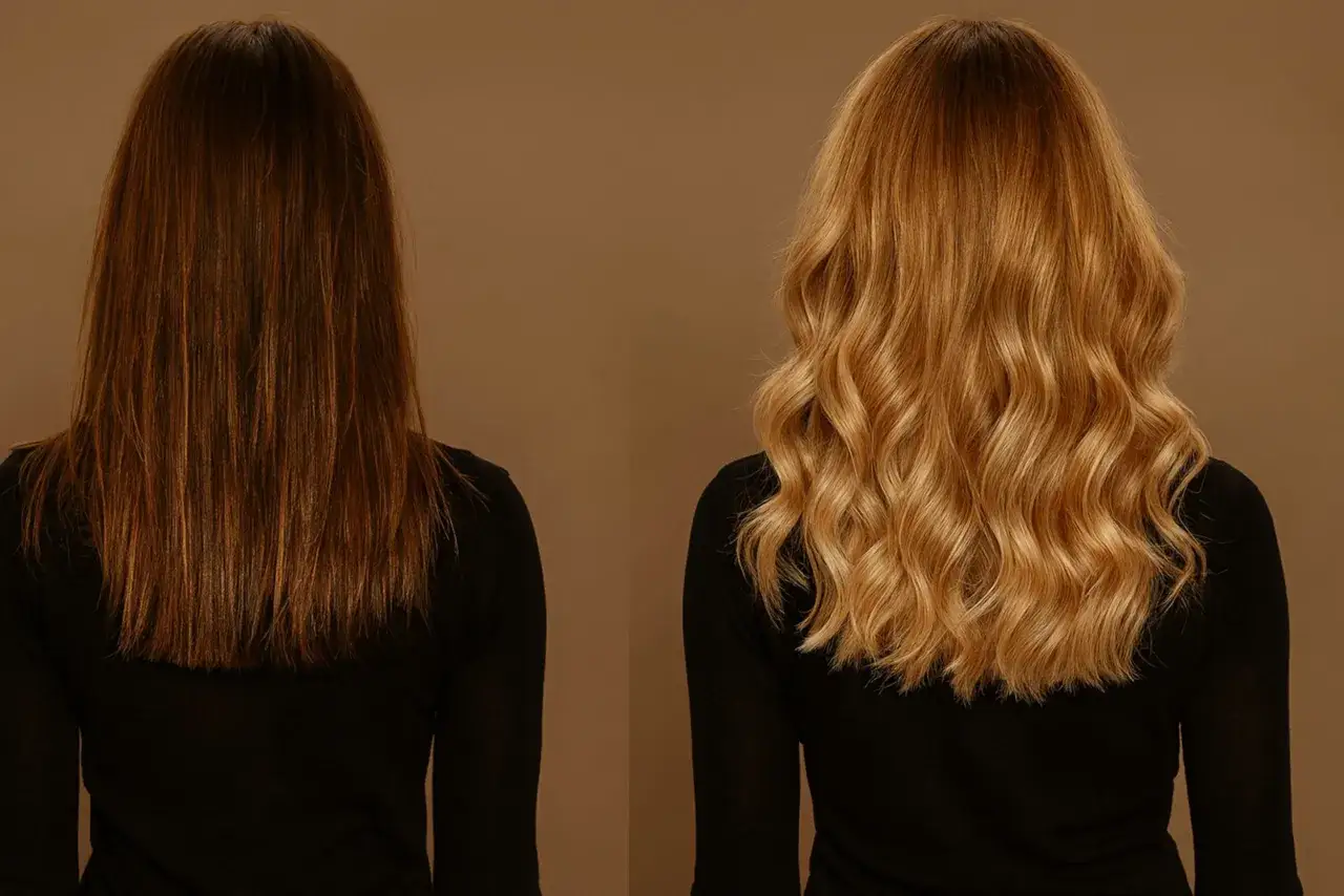 Avant/après : des cheveux bruns transformés en une chevelure blonde éclatante, avec des ondulations douces. Le résultat d'un décoloration réussie.