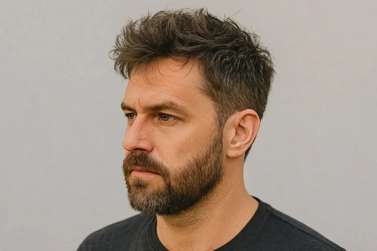 Portrait d'un homme barbu, cheveux courts avec un l&eacute;ger d&eacute;grad&eacute; calvitie, regard pensif.