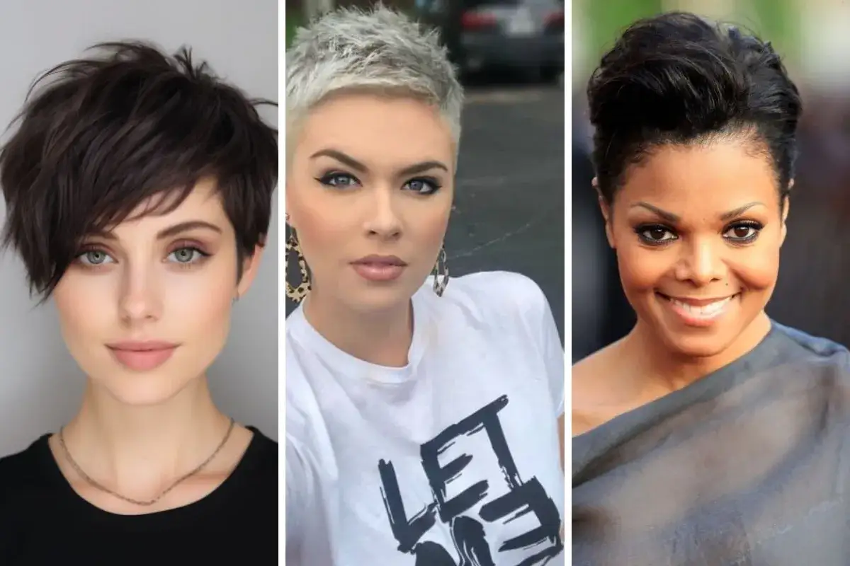 Trois femmes arborent une coupe carr&eacute; court styl&eacute;e : une brune aux yeux verts, une blonde platine audacieuse, et une femme souriante &agrave; la coiffure volumineuse.