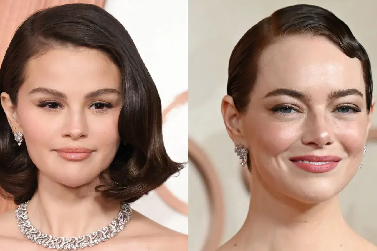 Selena Gomez et Emma Stone, deux femmes avec des cheveux courts lisses, arborent des bijoux éclatants.