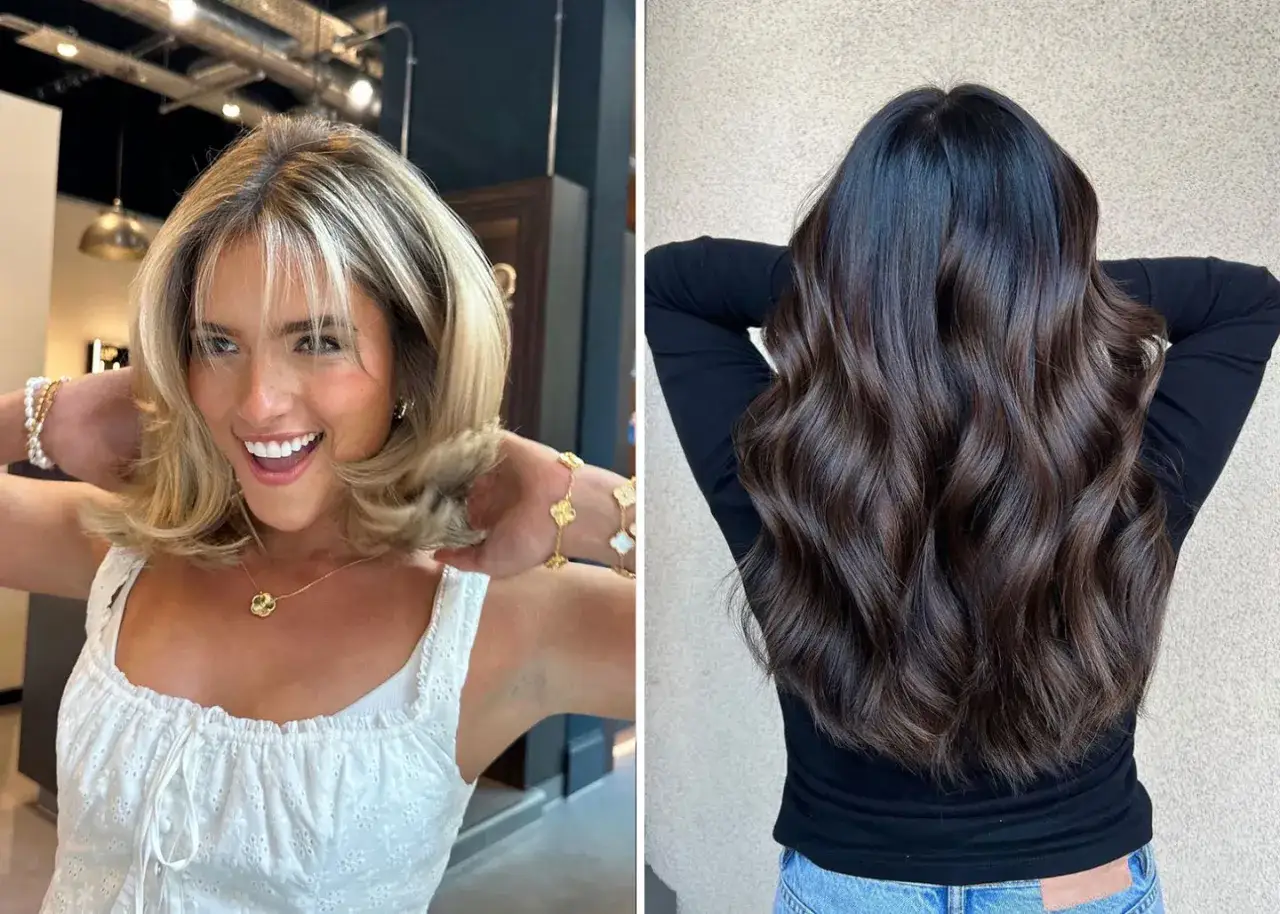 Deux styles de coiffure : une femme aux cheveux blonds mi-longs et ondulés, et une autre aux cheveux bruns très longs et brillants.