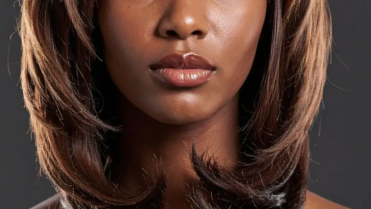 Une femme avec une coupe pour cheveux &eacute;pais et volumineux, des m&egrave;ches brunes encadrant son visage et des l&egrave;vres brillantes.