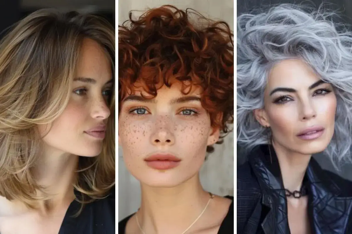 Trois femmes aux coiffures variées : mi-longs blonds, courts roux bouclés, longs gris ondulés.