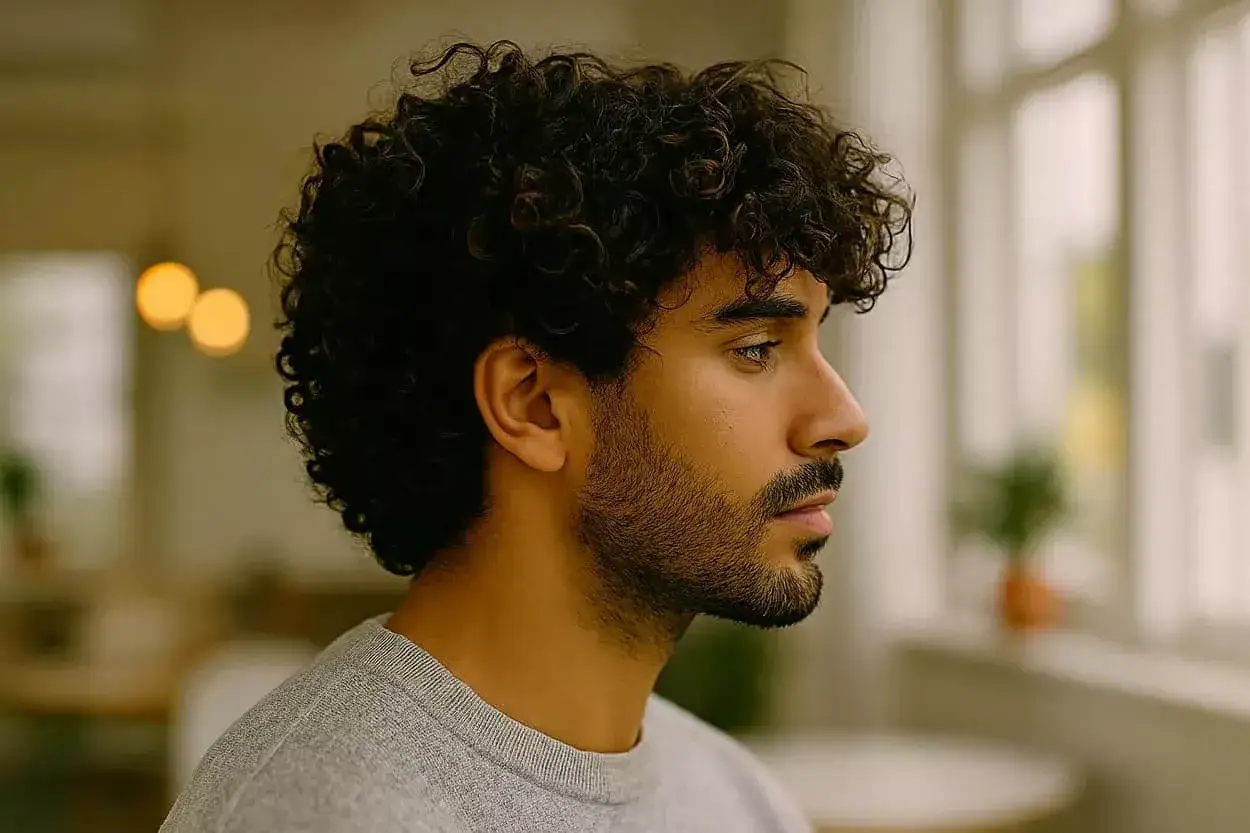 Un jeune homme aux cheveux bouclés, le regard perdu dans le lointain, porte un pull gris.
