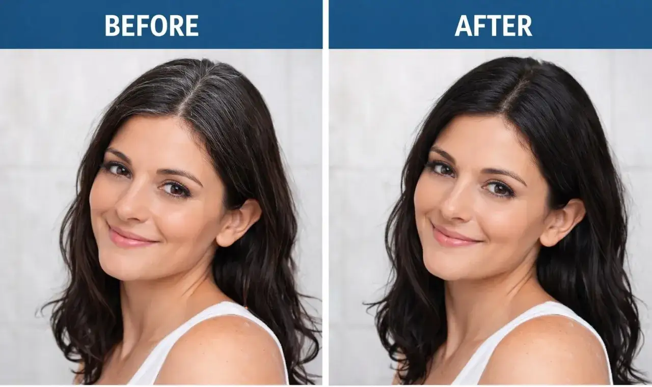 Avant/apr&egrave;s : une femme souriante avec des cheveux gris avant, puis des cheveux noirs brillants apr&egrave;s l'utilisation d'un shampoing colorant. Avis positif.