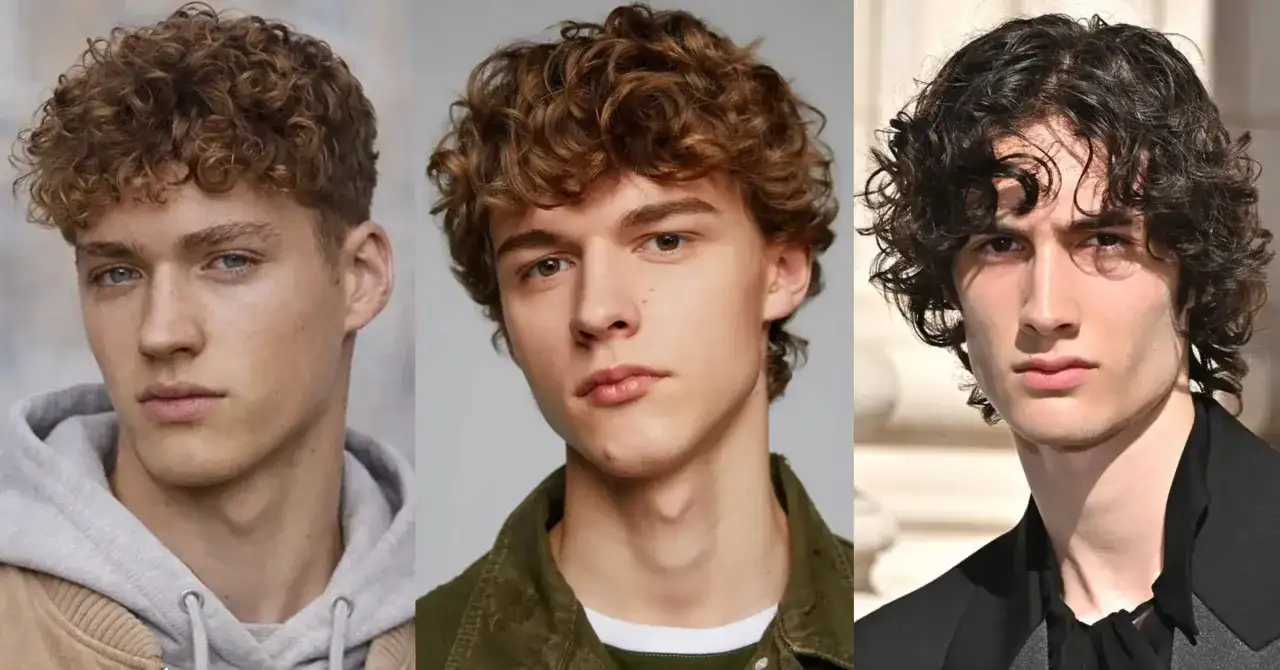 Trois hommes aux cheveux boucl&eacute;s, un style coiff&eacute; d&eacute;coiff&eacute; homme qui met en valeur leur charme naturel.