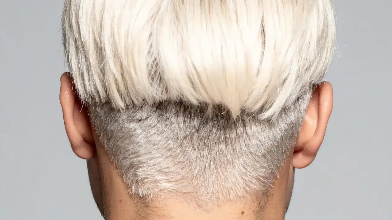 Vue arri&egrave;re d'une coupe au bol femme, avec des cheveux blonds platine sur le dessus et un d&eacute;grad&eacute; gris argent&eacute; sur la nuque.