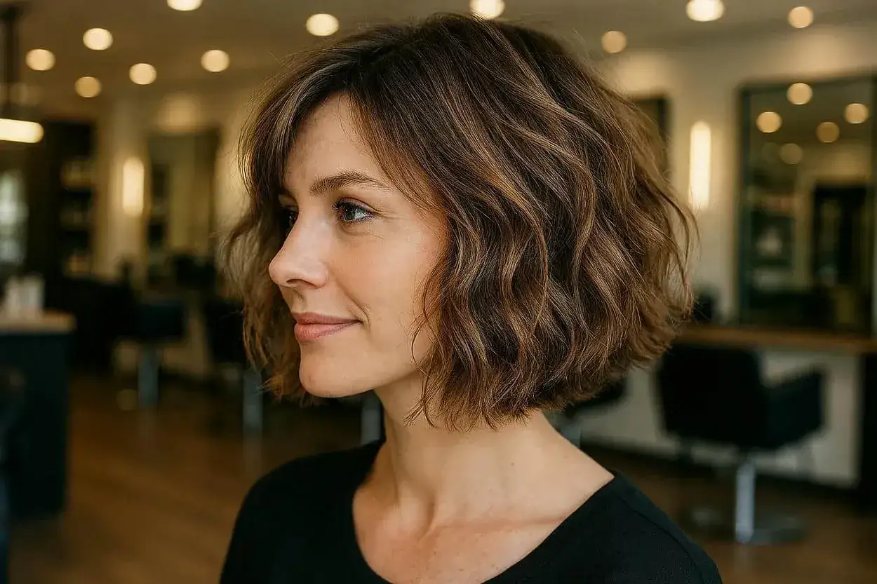 Profil d'une femme souriante avec un carr&eacute; court coiff&eacute; d&eacute;coiff&eacute;, des ondulations naturelles et des reflets ch&acirc;tains.