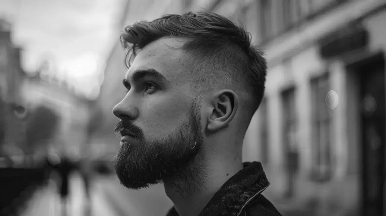 Un jeune homme au regard pensif arbore une coupe homme cheveux fins avec un d&eacute;grad&eacute; prononc&eacute; et une barbe soign&eacute;e.