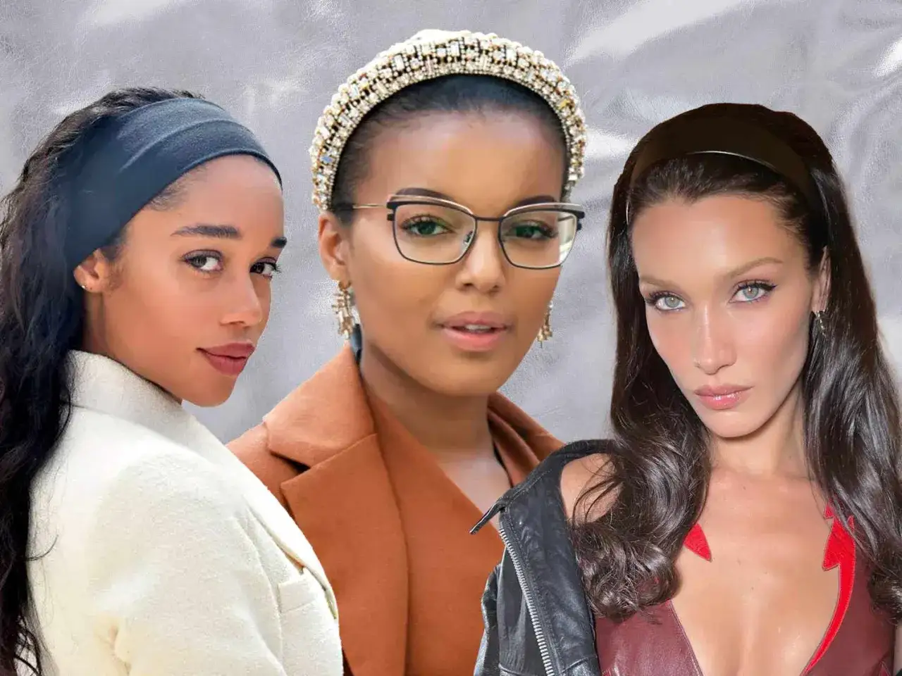 Trois femmes arborent une coiffure avec serre-t&ecirc;te : un mod&egrave;le noir simple, un serre-t&ecirc;te orn&eacute; de perles et un autre noir.