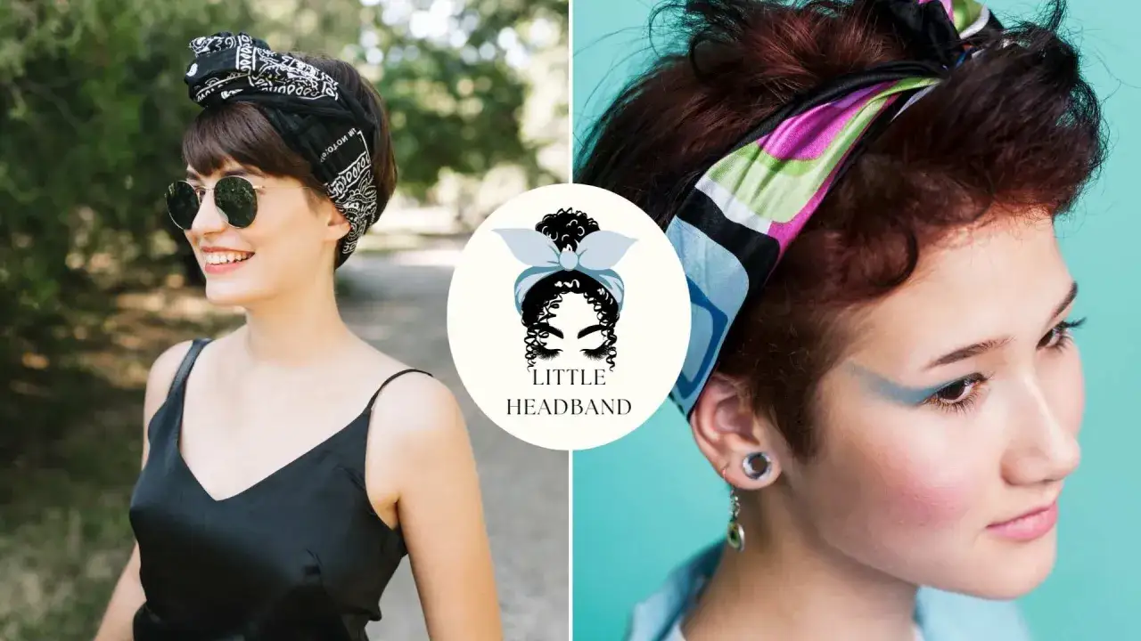Coiffure hippie femme cheveux court avec bandeau noir et lunettes de soleil, ou bandeau color&eacute;.