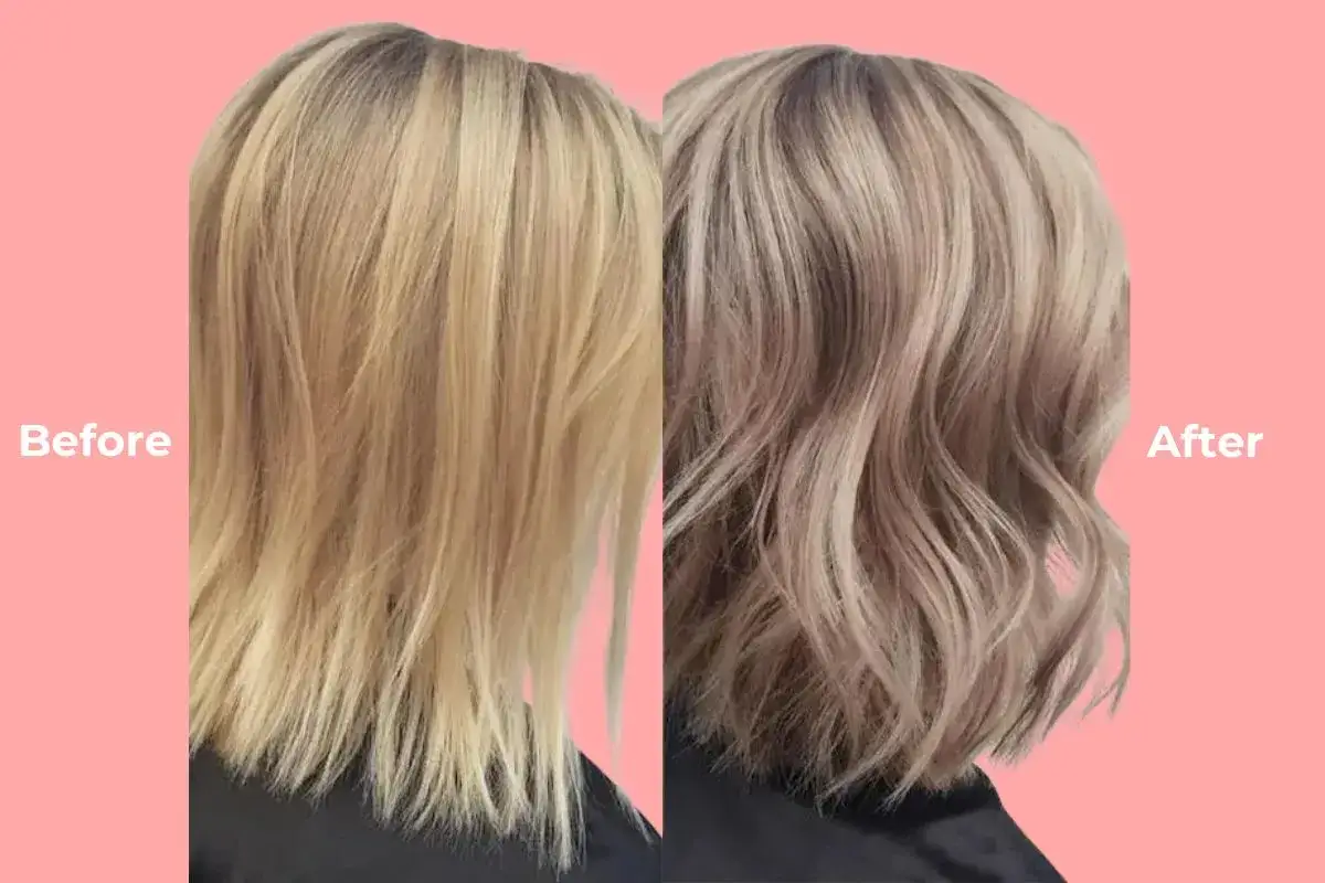 Avant/après : des cheveux blonds délavés transformés en une teinte rosée subtile. Le temps de pose d'une patine est crucial pour ce résultat.