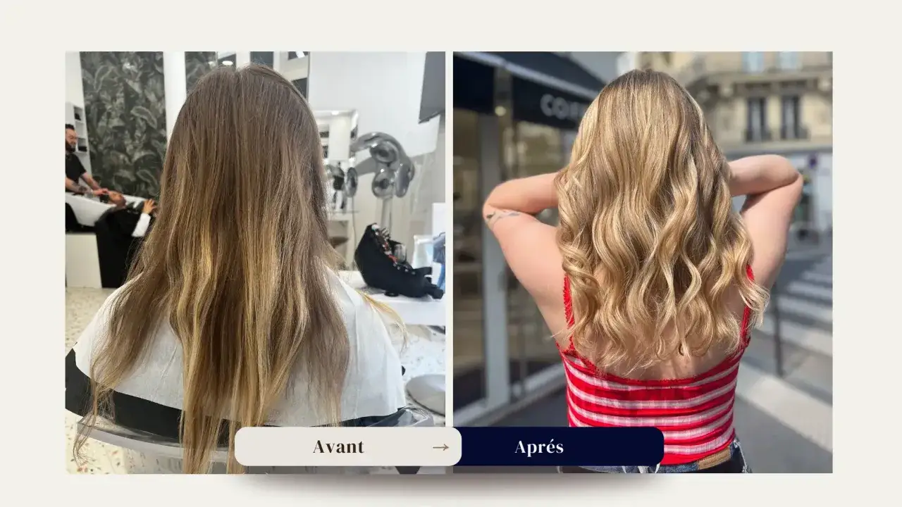 Avant/Apr&egrave;s : une transformation capillaire r&eacute;ussie pour devenir blonde, avec des cheveux ch&acirc;tains ternes devenant blonds &eacute;clatants et ondul&eacute;s.