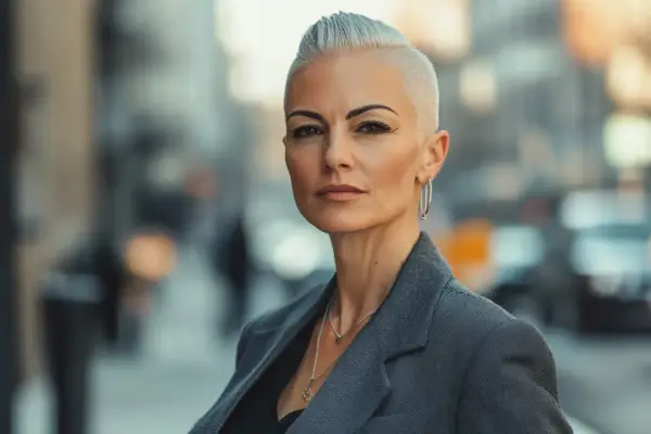 Femme au regard intense, arborant une coiffure rock femme court audacieuse et un blazer gris.