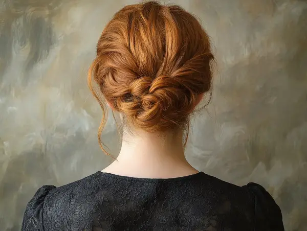 Chevelure rousse magnifiquement coiffée en un chignon bas tressé, orné de quelques mèches libres.
