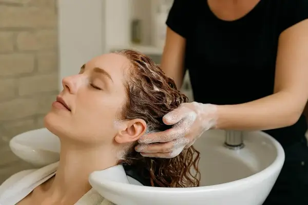 Une femme se fait laver les cheveux, une sensation de douceur pour contrer les cheveux électriques en hiver.